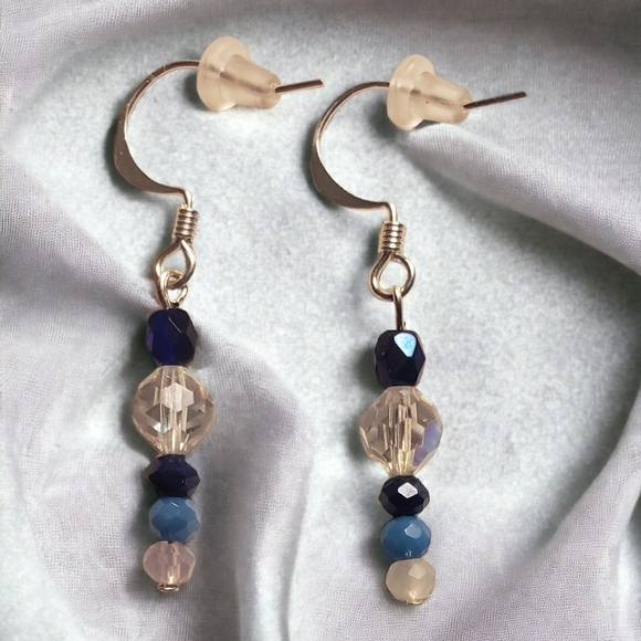 Tiny Blue, Black & Crystal Beaded Hand Crafted Drop Earrings - Picture 4 of 6